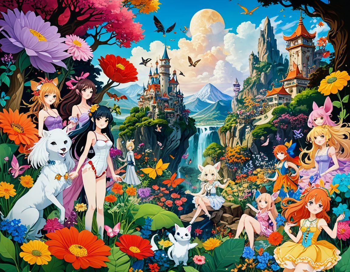 A whimsical collage of anime characters exploring a variety of fetishes, featuring vibrant colors and playful expressions. The scene is set in an imaginative landscape filled with colorful fantasy elements that reflect different aspects of adult content. Add a hint of humor and charm, while ensuring an element of sophistication. The characters are diverse in style, appealing to an adult audience. cartoon style. vibrant colors. whimsical. high detail.